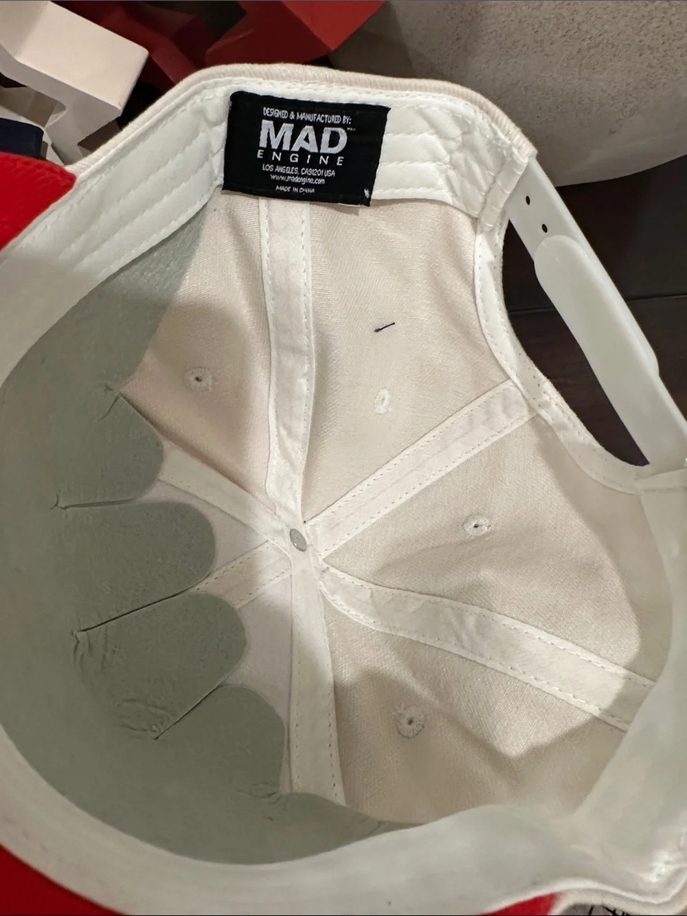 MAD Engine USA Embroidered Cap - Cream Crown, Red Brim, Navy Letters
